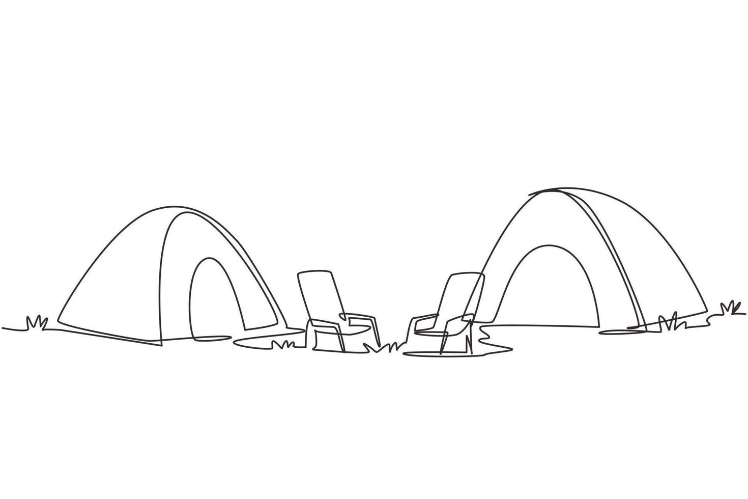 Single one line drawing camping landscape in campsite ground. Pair of tents with two chair in forest on grass. Summer camping on nature. Eco tourism. Continuous line draw design vector illustration