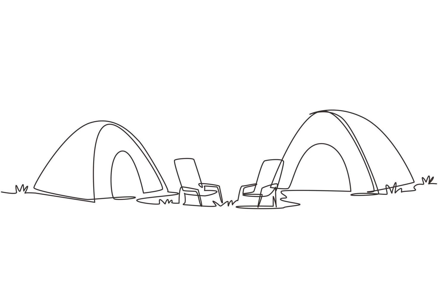 Single one line drawing camping landscape in campsite ground. Pair of tents with two chair in forest on grass. Summer camping on nature. Eco tourism. Continuous line draw design vector illustration