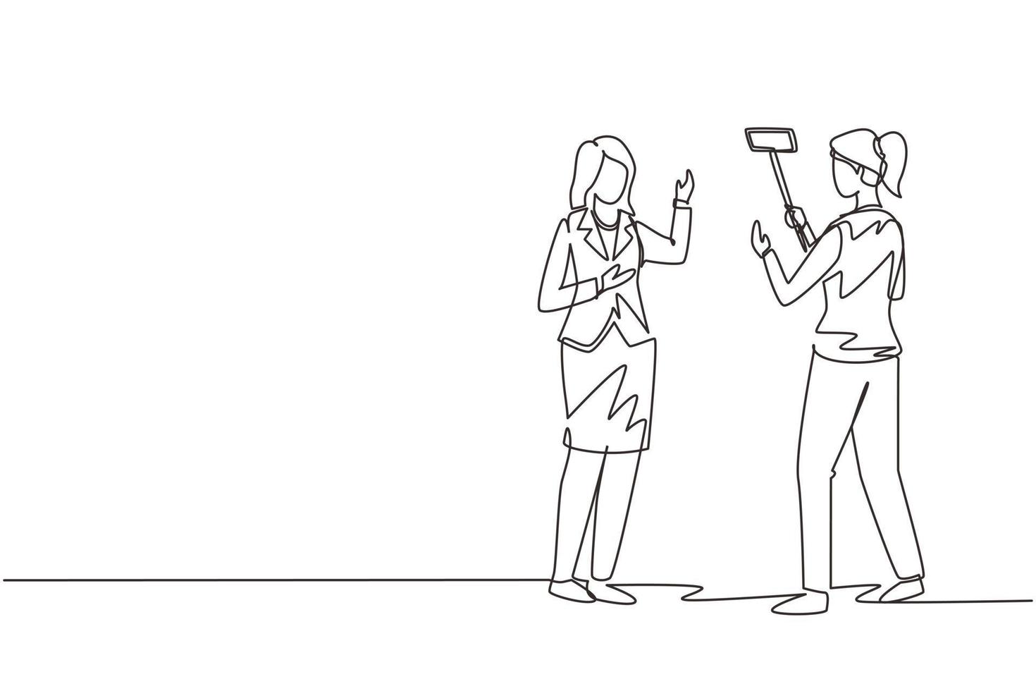 Continuous one line drawing professional shooting team record video interview for public blog vlog with smartphone and monopod stick. Woman journalist as news anchor. Single line draw design vector