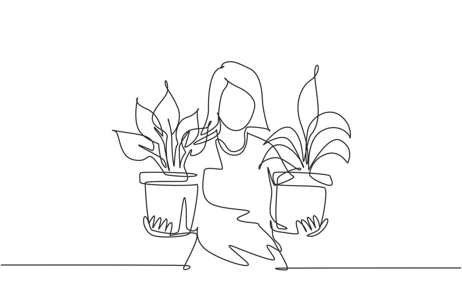 Continuous one line drawing young woman holding different houseplants in pots. Female character taking care of houseplants. Potted plants in the house. Single line draw design vector illustration