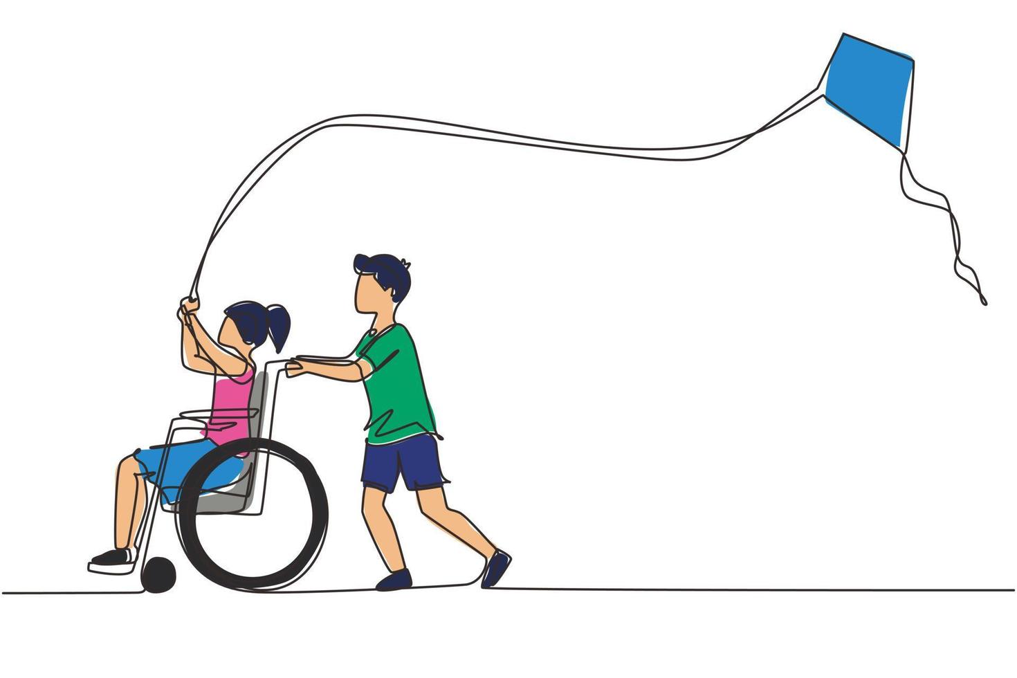 Continuous one line drawing happy child disabled concept. Hand drawn boy pushing little girl in wheel chair with flying kite. Disabled has fun outside. Single line draw design vector illustration