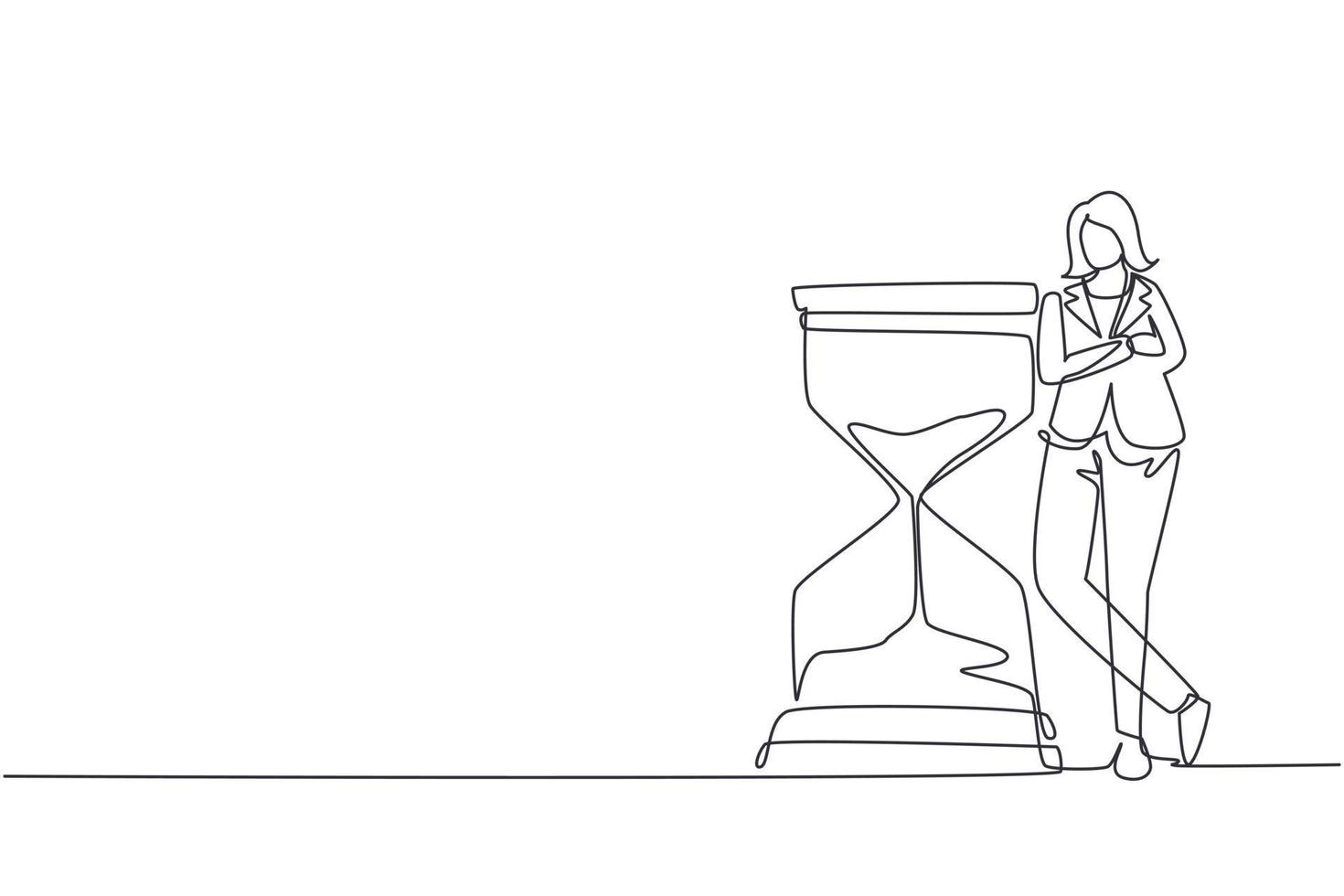 Single continuous line drawing businesswoman lean on huge giant hourglass. Time is money financial investment concept. Time management conceptual metaphor. One line draw design vector illustration
