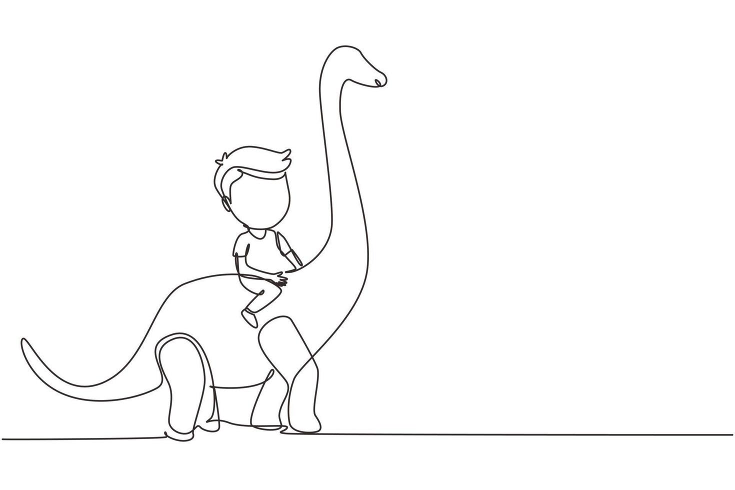 Single one line drawing little boy caveman riding brontosaurus. Young kid sitting on back of dinosaur. Ancient human life concept. Modern continuous line draw design graphic vector illustration