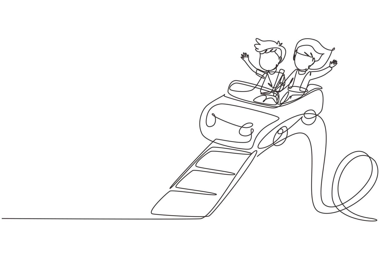 Single continuous line drawing kids on rollercoaster rides. Boy and girl riding fast at amusement rides, happy laughing or excited scared on amusement park. Dynamic one line draw graphic design vector