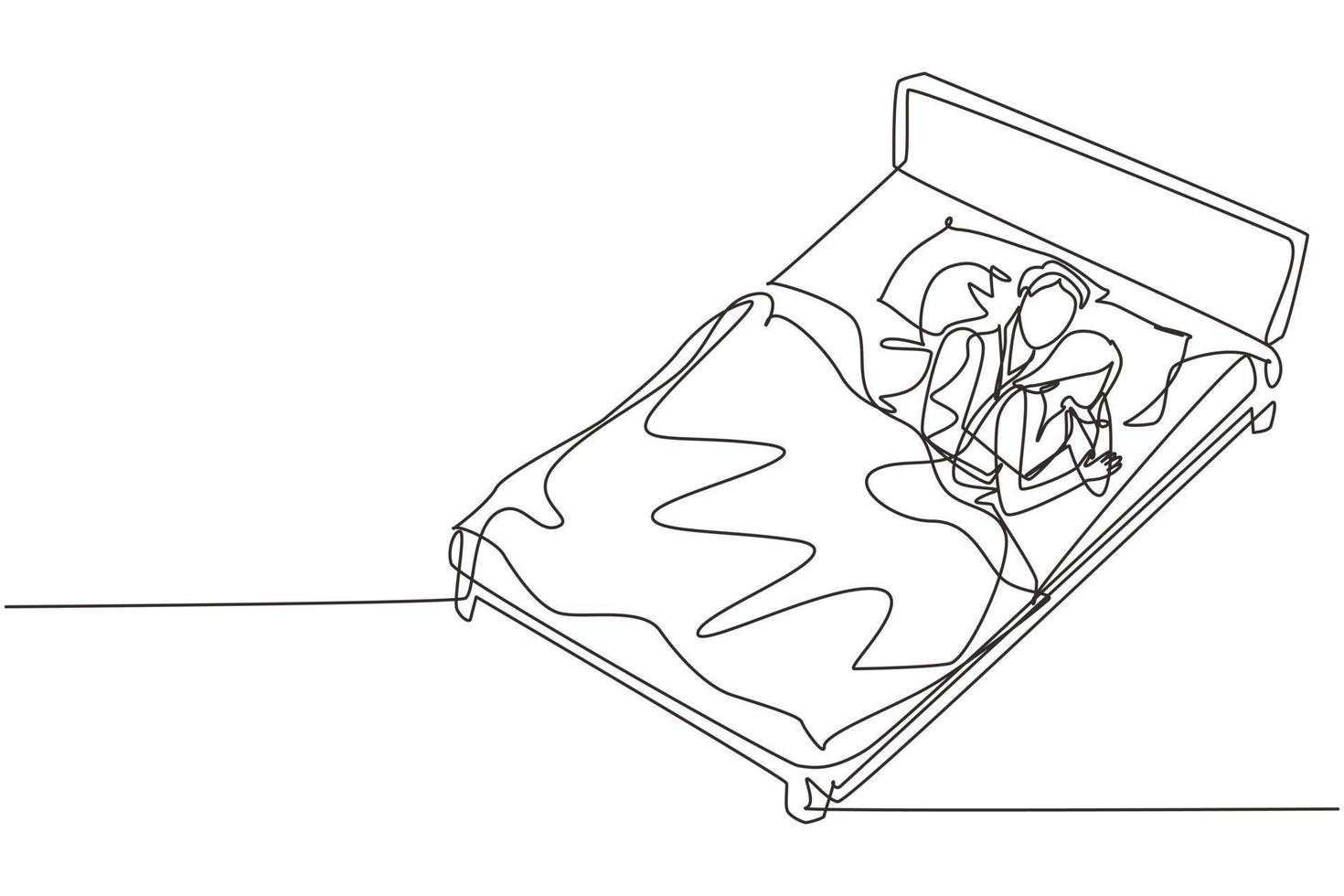 Single one line drawing young romantic couple, spouses lying on bed. Lovers gently, carefully embrace each other, dream, whisper words of love or sleep. Continuous line draw design graphic vector