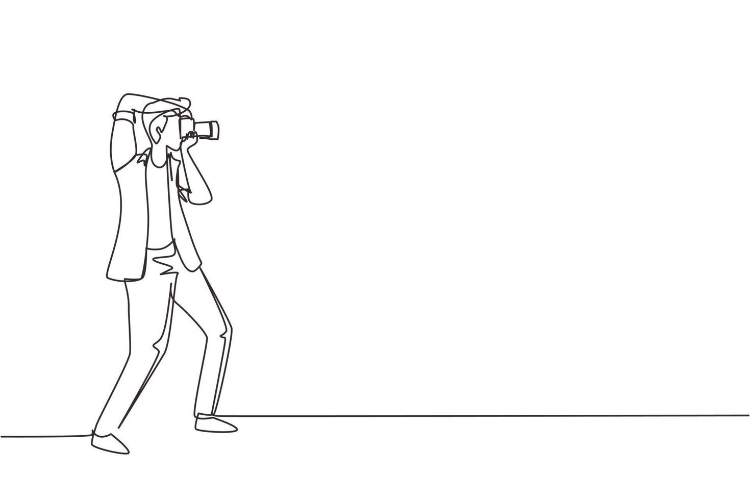 Continuous one line drawing photographer aiming target photos, People holding camera, taking photos. Professional photographer taking pictures. Single line draw design vector graphic illustration