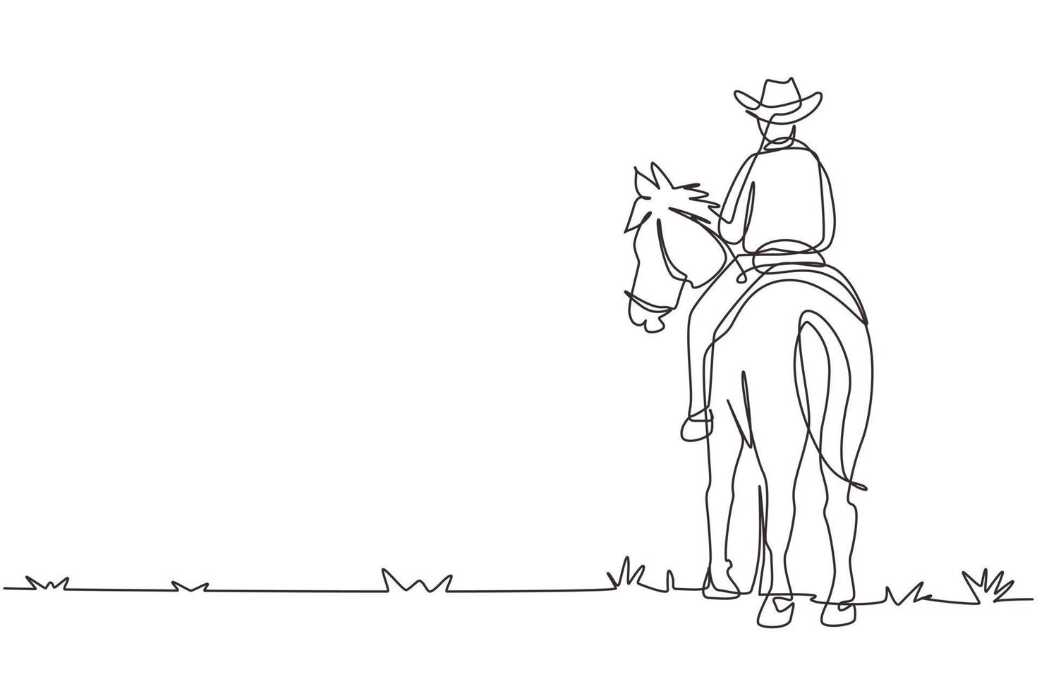 Single continuous line drawing cowboy riding horses in desert on wooden sign. Mustang and person outdoor at sunset. Cowboy and horse icon or logo. One line draw graphic design vector illustration