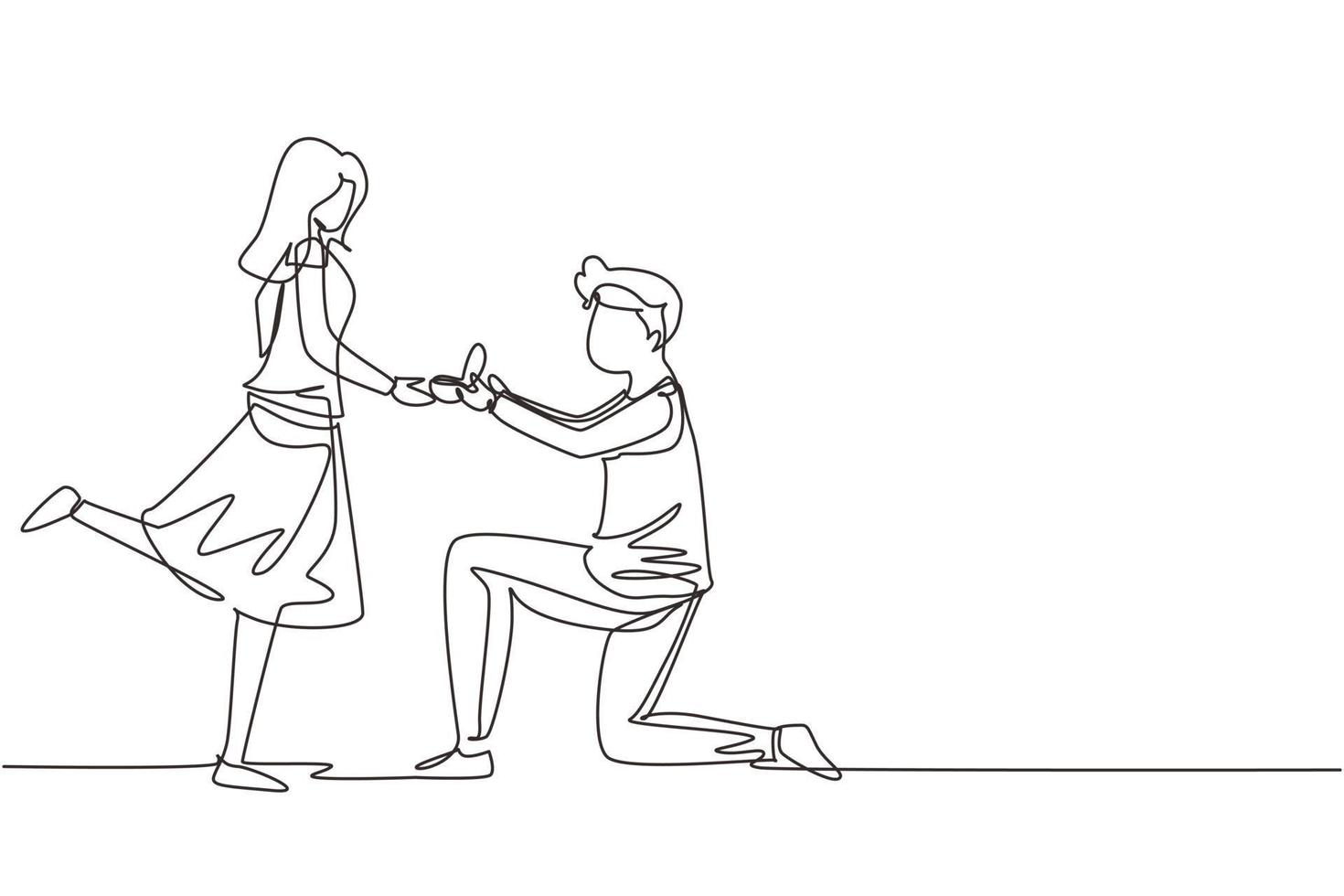 Single continuous line drawing man kneeling offering engagement ring to his girlfriend. Young guy on knees proposing girl to marry. Marriage proposal concept. One line draw design vector illustration