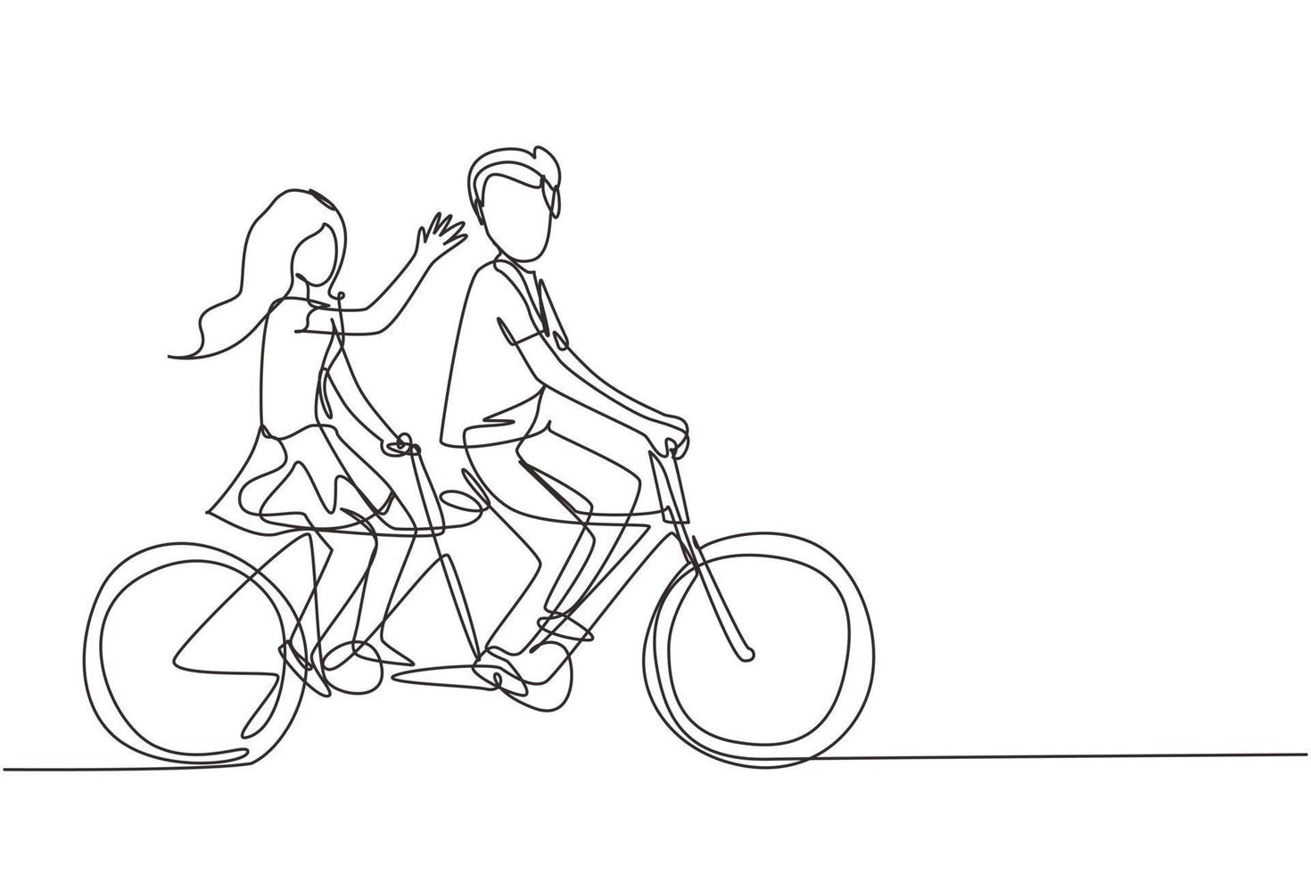 Continuous one line drawing romantic couple. Happy couple is riding tandem bicycle together. Happy family. Intimacy celebrates wedding anniversary. Single line draw design vector graphic illustration