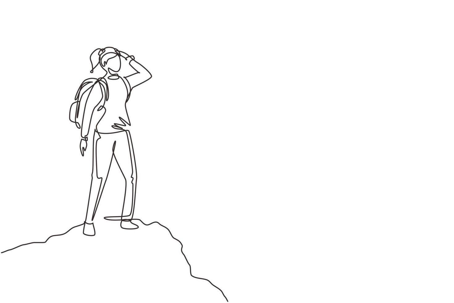 Single one line drawing woman hiker at top of mountain looking into distance. Adventure in mountainous terrain. Hiking, adventure tourism, travel. Continuous line draw design vector illustration