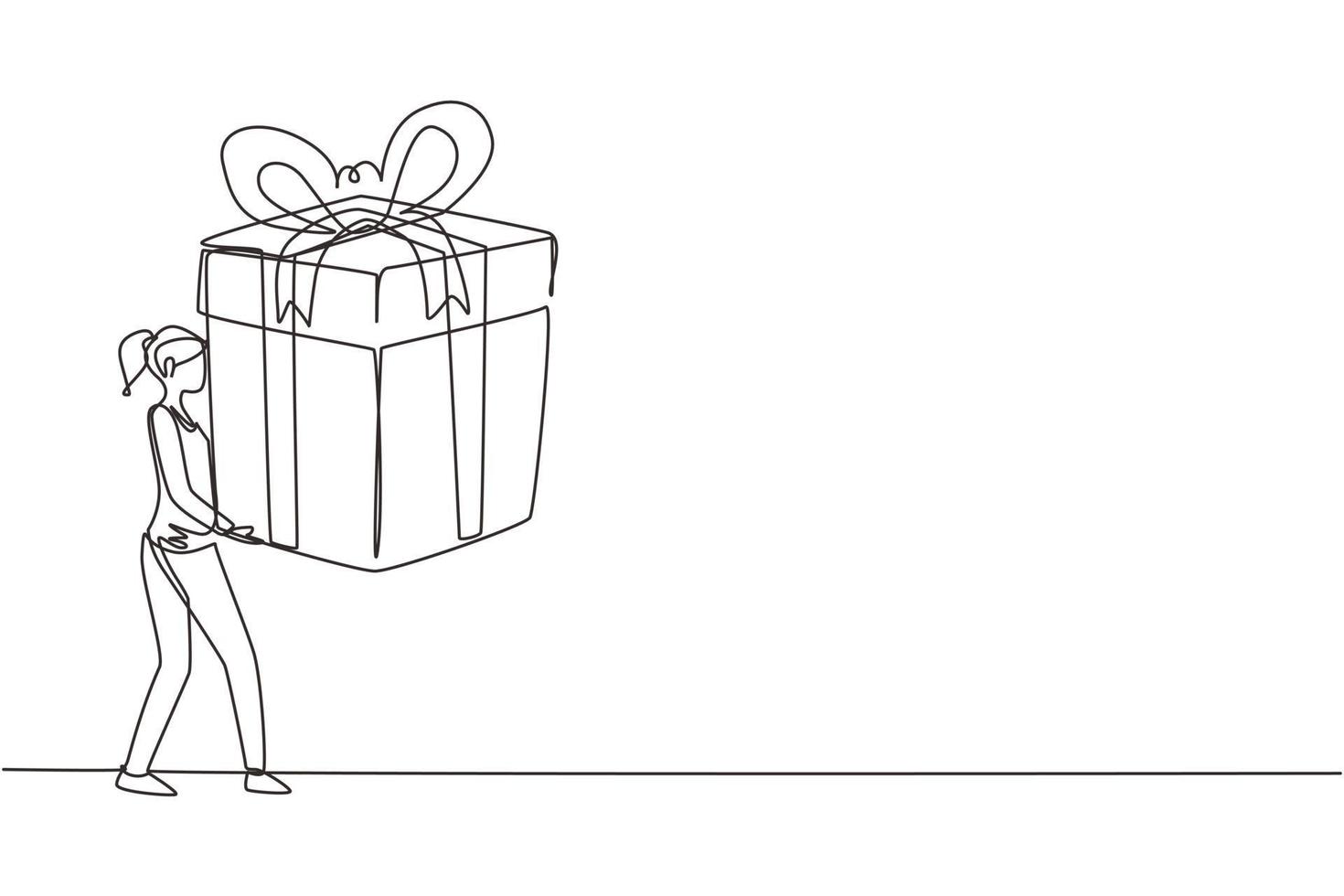 Continuous one line drawing happy woman carrying a big present box. The creative idea of earning a reward, gift, or prize. Concept of celebration. Single line draw design vector graphic illustration