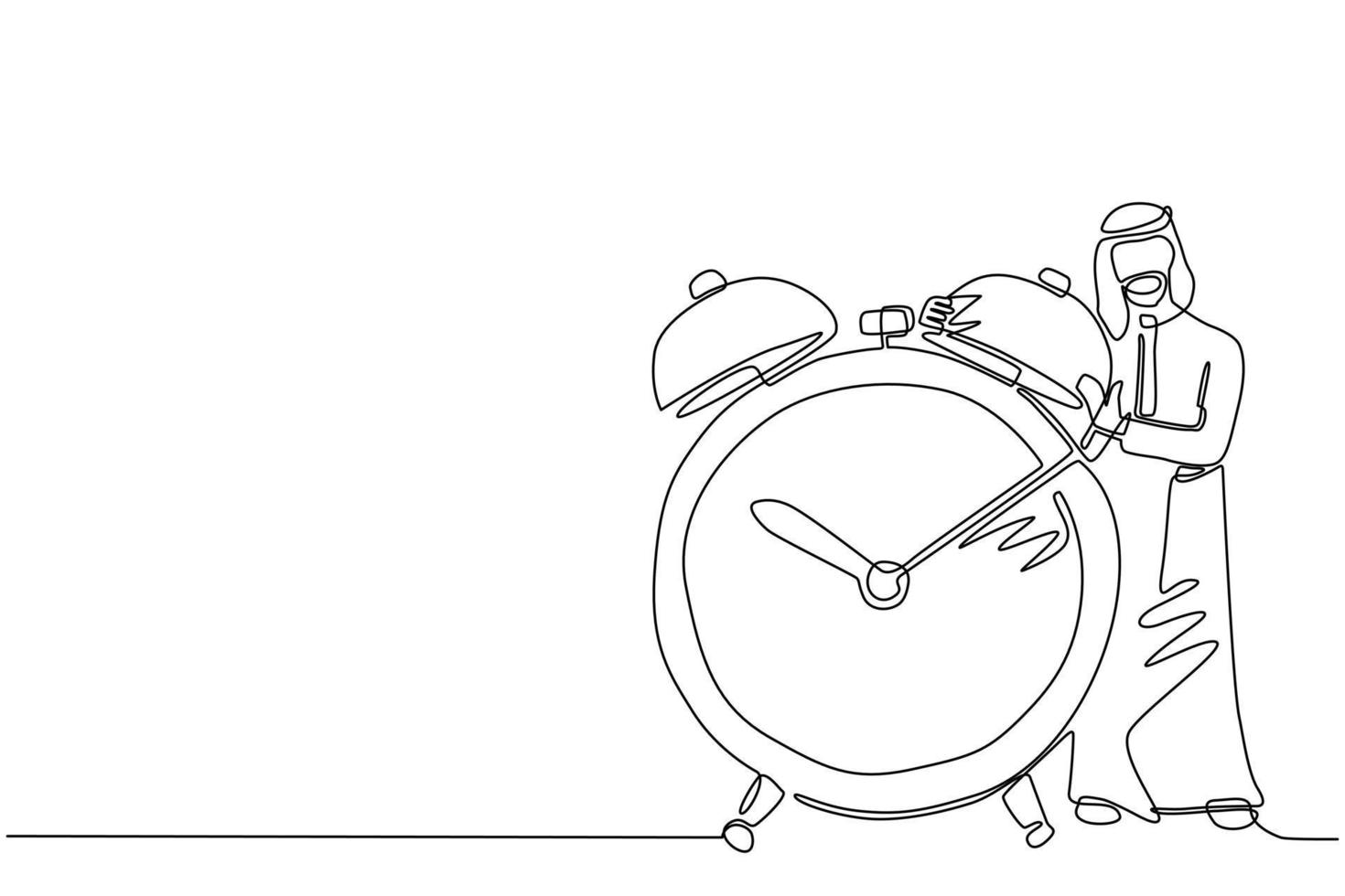 Single one line drawing Arabian businessman, manager or employee stand and hugging big clock. Concept of time management, watch, time to work. Continuous line draw design graphic vector illustration