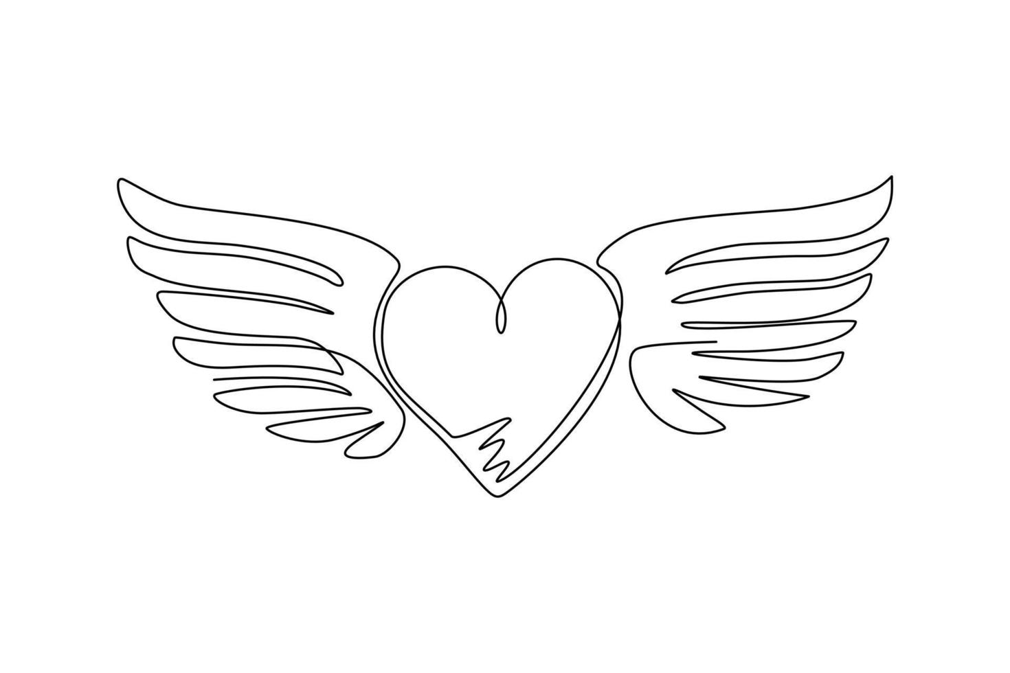 dibujo continuo de una línea corazón amor romántico con alas silueta icono  de estilo plano. logotipo
