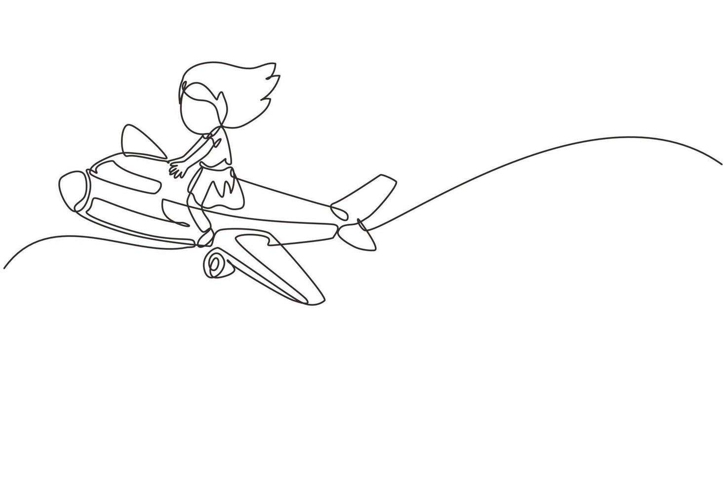 Single one line drawing cute little girl riding plane. Happy kids on airplane. Children riding airplane, summer journey, travel concept. Modern continuous line draw design graphic vector illustration