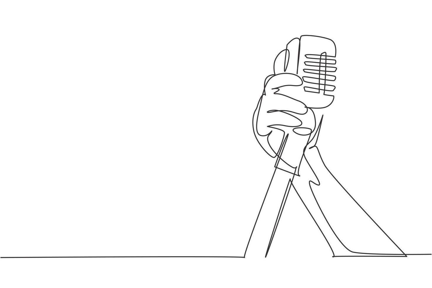 Continuous one line drawing hand holding a retro microphone over white background. Rock music live concert with old microphone. Mic for sing a song. Single line draw design vector graphic illustration