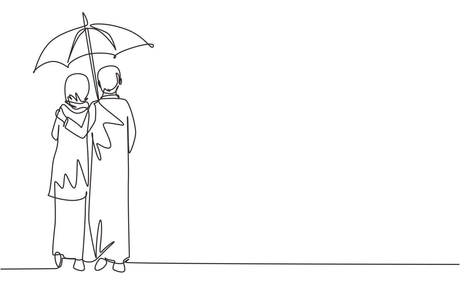 dibujo de una línea continua vista posterior pareja de amantes bajo la lluvia. pareja árabe enamorada caminando bajo la lluvia con paraguas. hombre y mujer caminan por la calle de la ciudad. gráfico vectorial de diseño de dibujo de una sola línea vector
