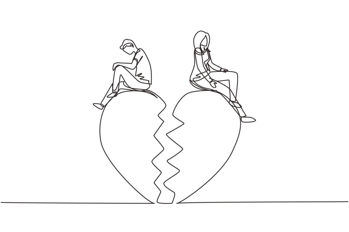 Single continuous line drawing relationship break up, broken heart, couple facing opposite direction. Couple sitting on big broken heart shape. Dynamic one line draw graphic design vector illustration