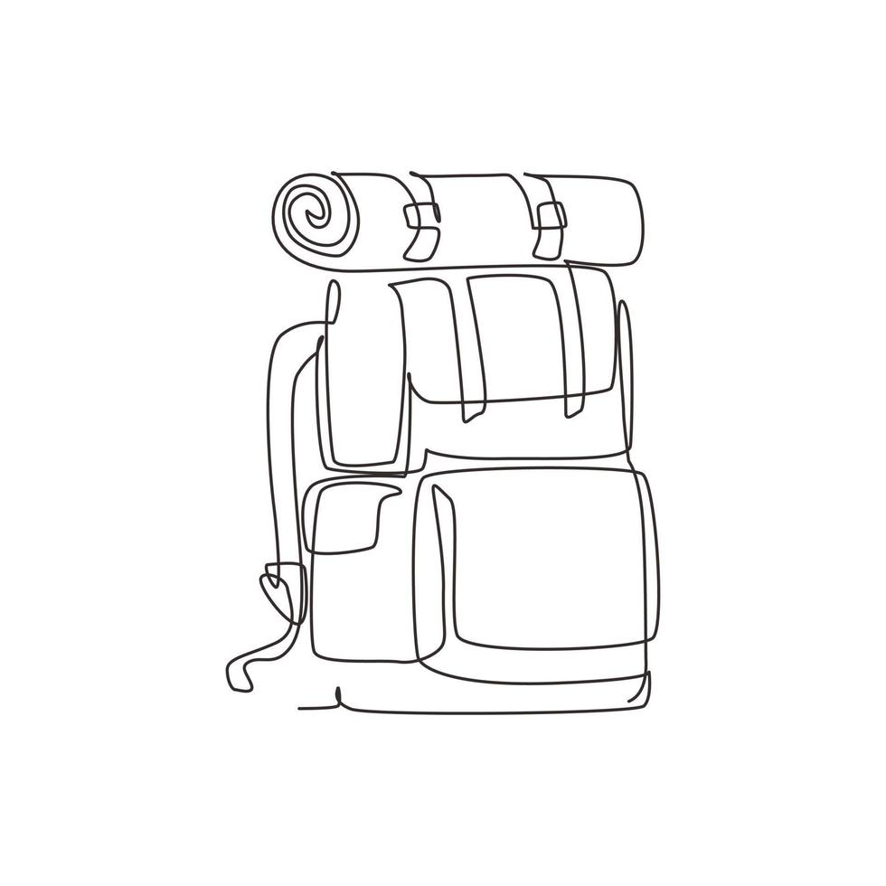 Continuous one line drawing camping backpack. Tourist retro back packs. Classic style hiking backpacks with sleeping bags. Camp and hike bags and knapsacks. Single line draw design vector illustration