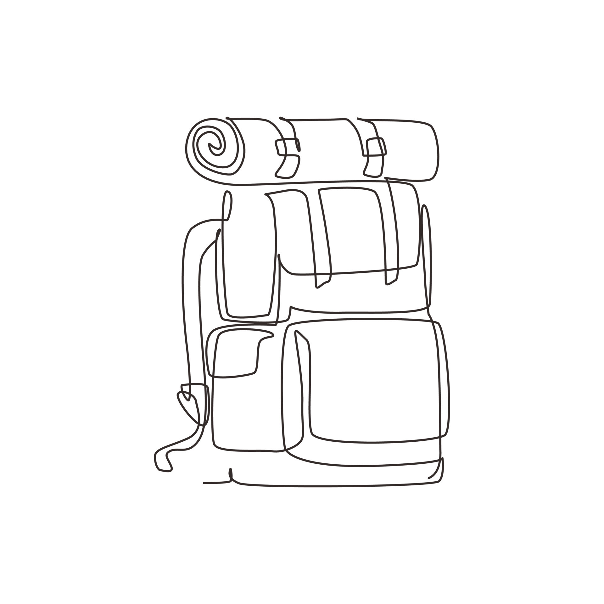 Continuous one line drawing camping backpack. Tourist retro back packs