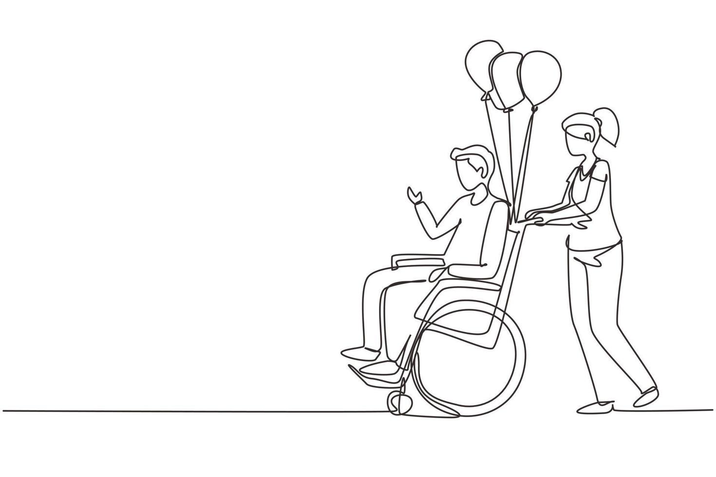 Continuous one line drawing disability people scene concept. Woman carries disabled man in wheelchair. Accessibility, rehabilitation invalid person, people activities. Single line draw design vector