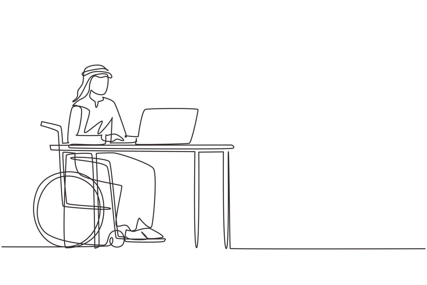 Continuous one line drawing young Arabian man uses wheelchair and working with computer in office. Online job and startup. Physical disability. Single line draw design vector graphic illustration