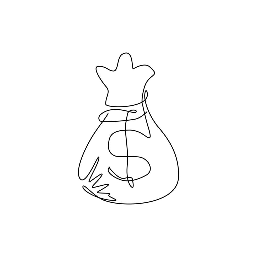 Continuous one line drawing money bag vector icon, money bag flat simple cartoon illustration with black drawstring and dollar sign isolated on white background. Single line draw design vector graphic