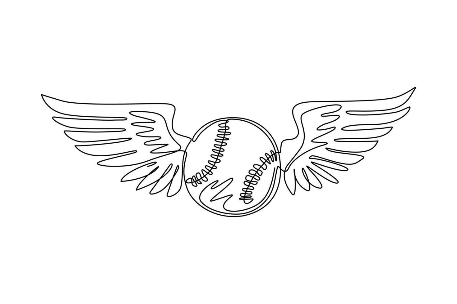 Single one line drawing baseball ball flying with angel wings. Realistic baseball emblem with raised up white wings, ball for sports design. Continuous line draw design graphic vector illustration
