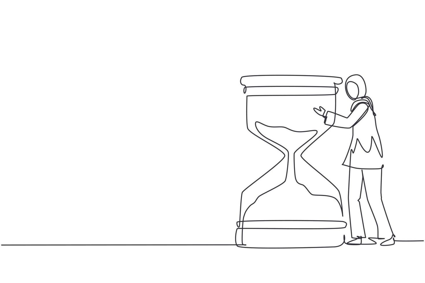 Continuous one line drawing confident young Arabic businesswoman hugging on huge hourglass. Time management or successfully task organizing concept. Single line draw design vector graphic illustration