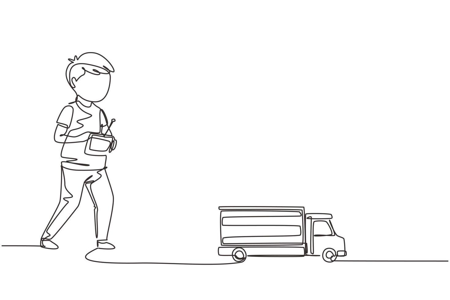 Single continuous line drawing boy playing with remote-controlled cargo truck toy. Cute kids playing with electronic toy cargo truck with remote control in hands. One line draw graphic design vector