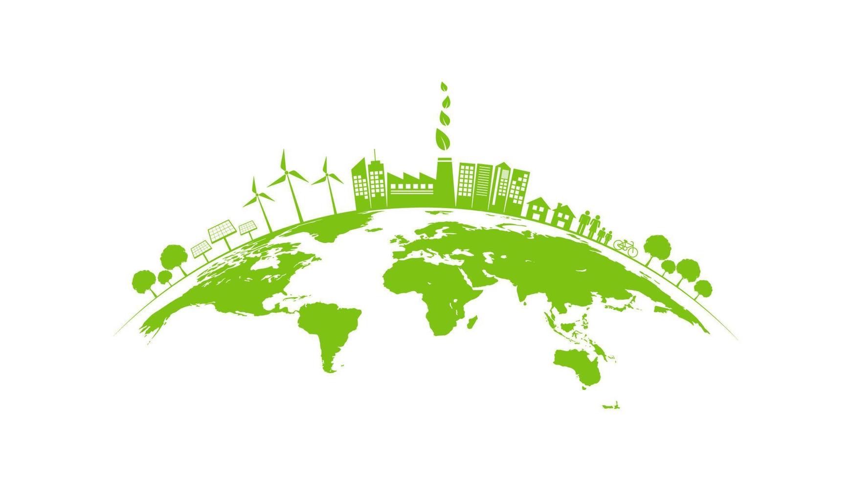 Ecology concept with green city on earth, World environment and sustainable development concept, vector illustration