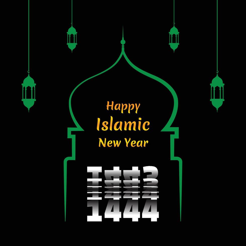 Happy Islamic New Hijri Year 1444 with green mosque and lantern silhouette isolated on black background. Passing from 1443 into New Hijri Year 1444 Flip Text Effect. vector