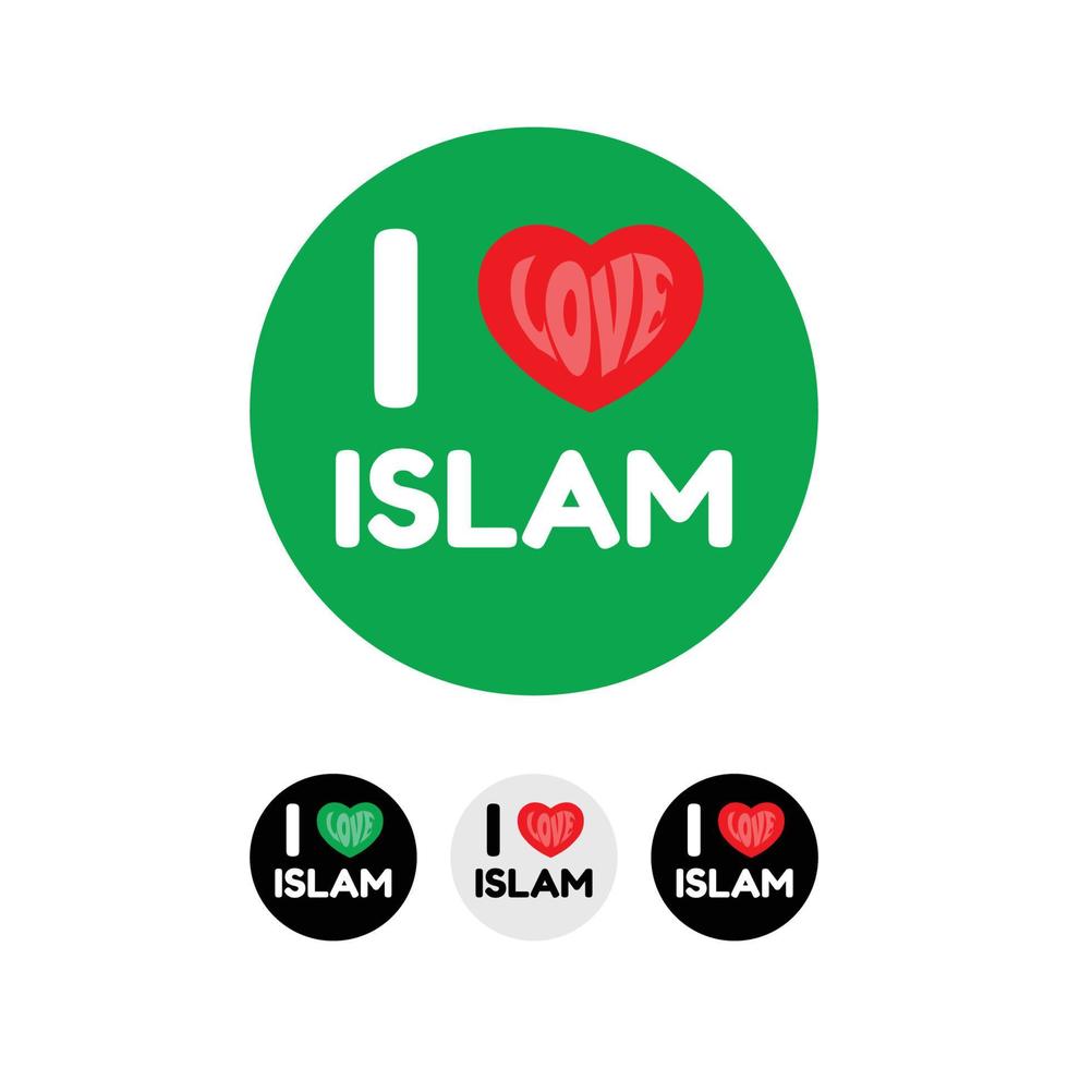 I Love Islam faith Text with Red Hearts Isolated on Green Background, Islamic Vector illustration.