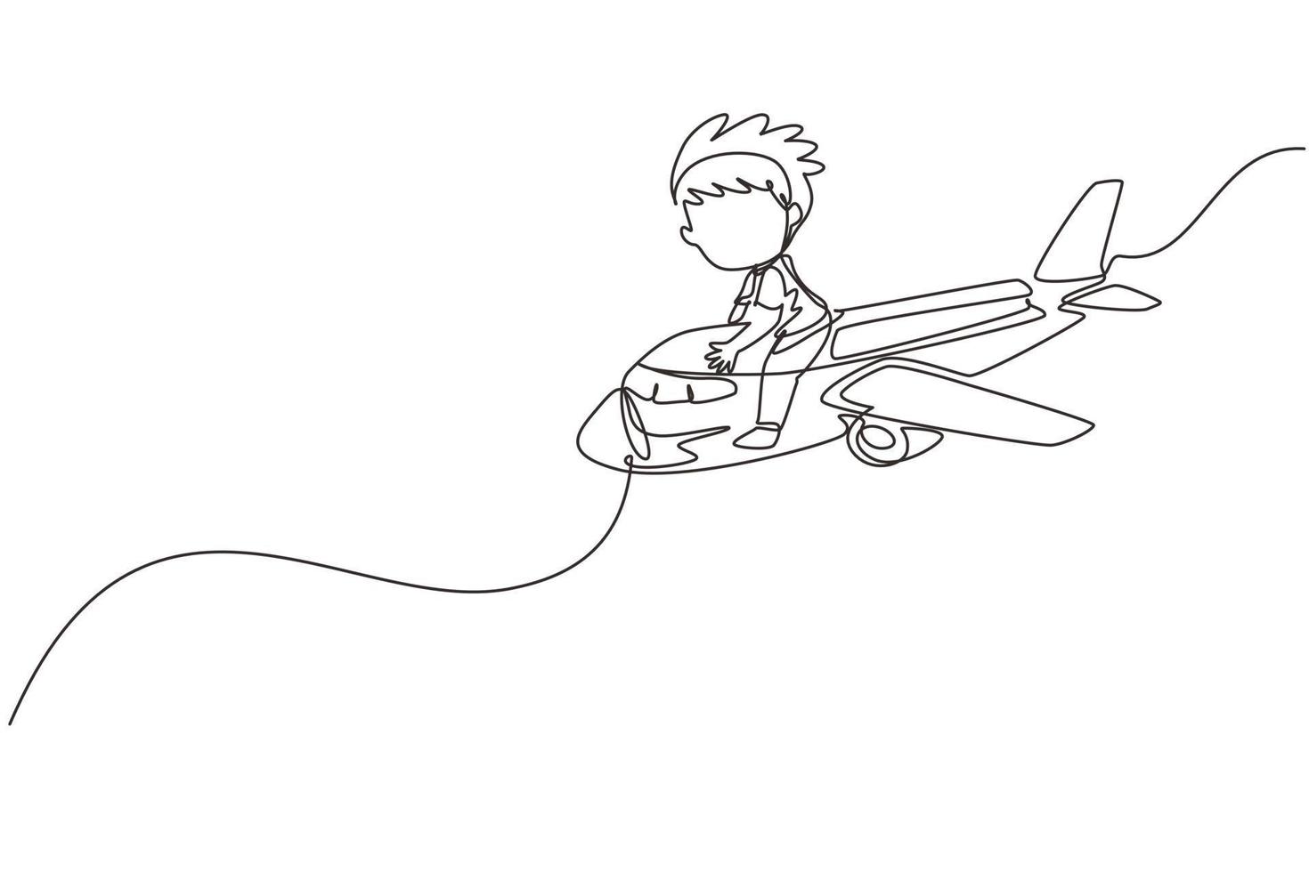 Single continuous line drawing cute little boy riding plane. Happy kids on airplane. Children riding airplane, summer journey, travel concept. Dynamic one line draw graphic design vector illustration