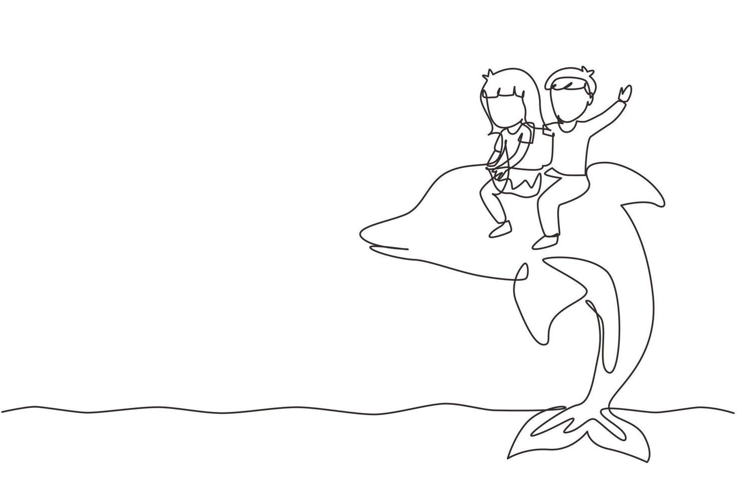 Single one line drawing little boy and girl riding dolphin together. Kids sitting on back dolphin in swimming pool. Children with dolphin swimming in water. Continuous line draw design graphic vector