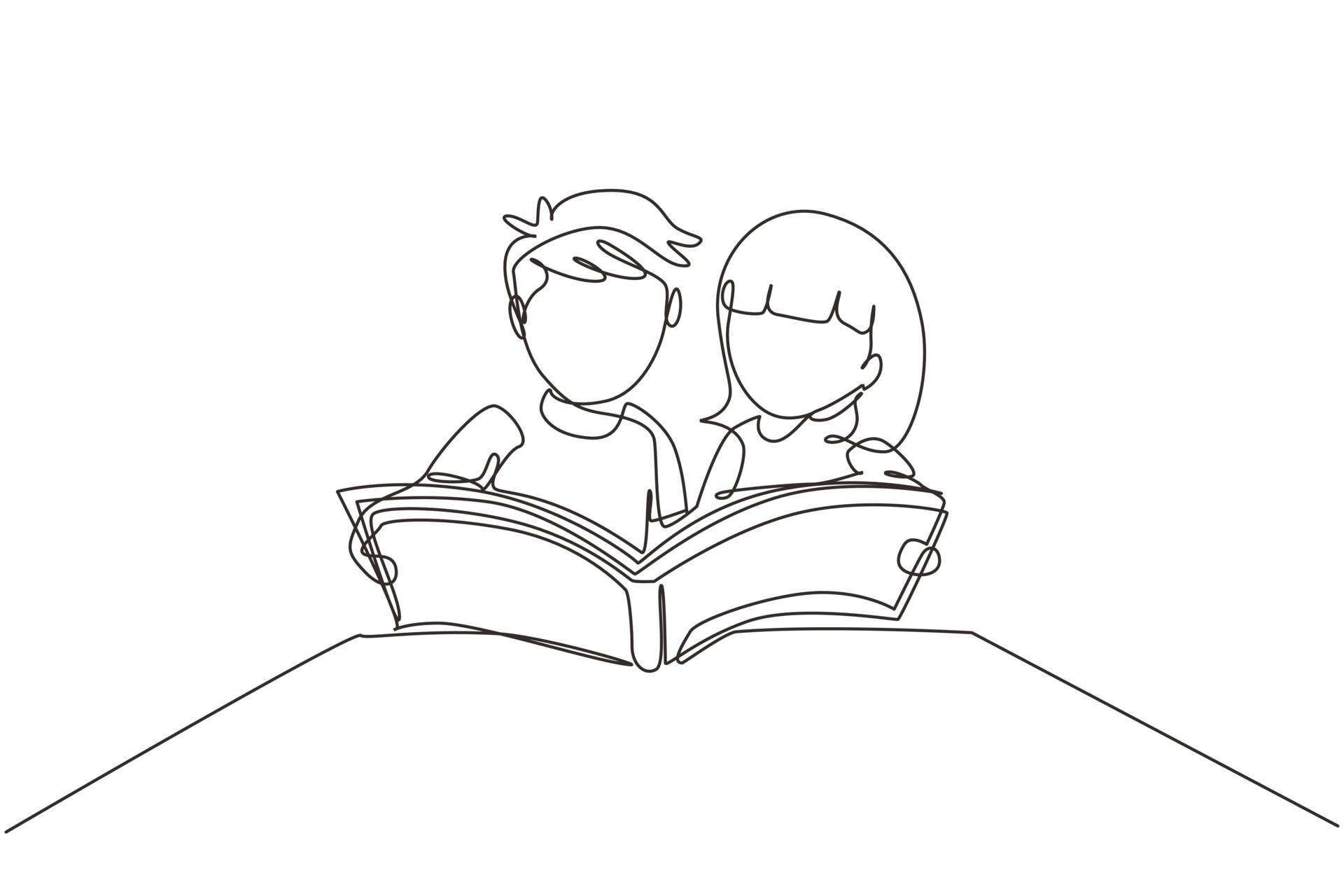 Continuous one line drawing kids, boy and girls reading book on table