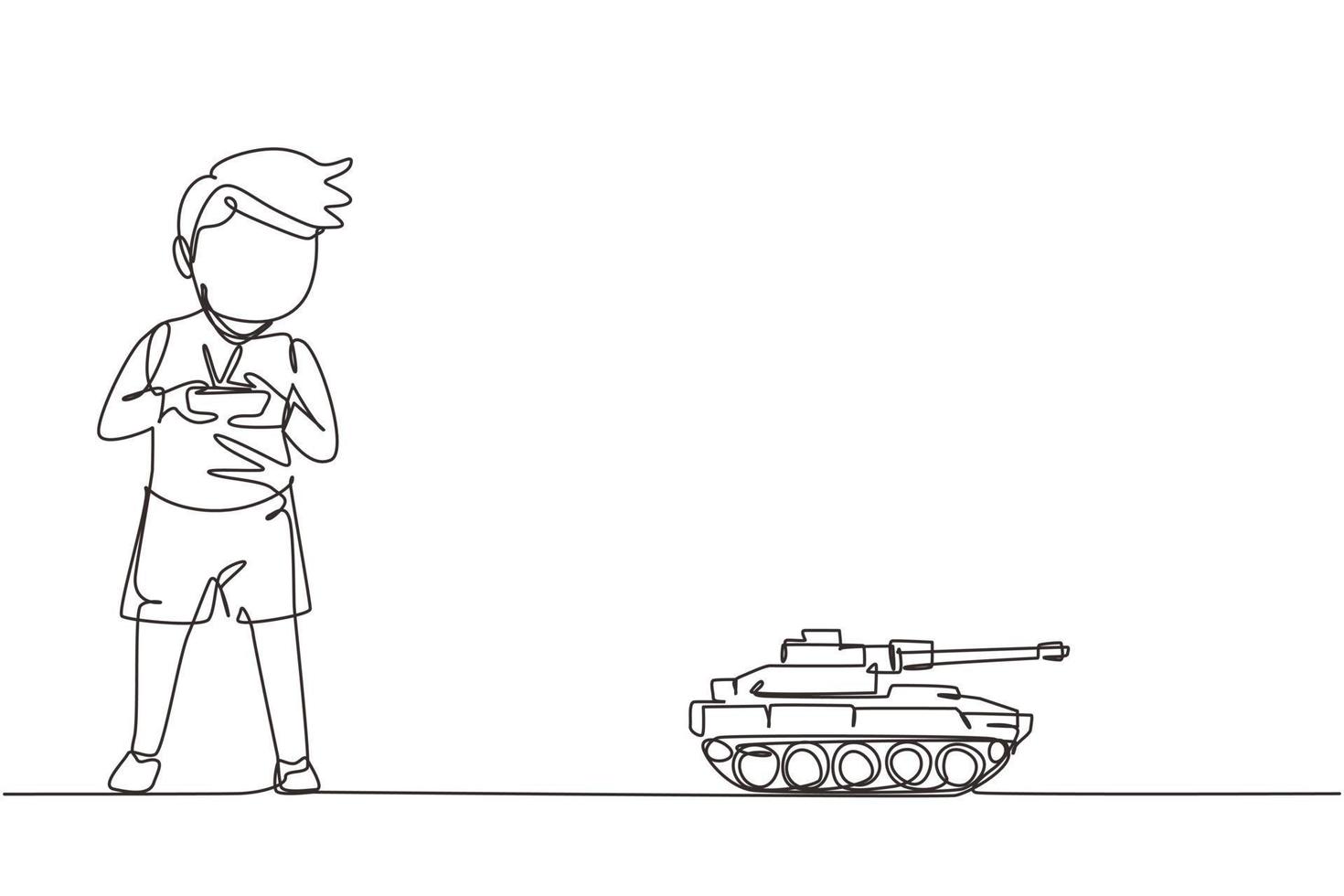 niño de dibujo de una sola línea jugando con un tanque de batalla de juguete a control remoto. niños jugando con tanque de juguete electrónico con control remoto en las manos. ilustración de vector gráfico de diseño de dibujo de línea continua