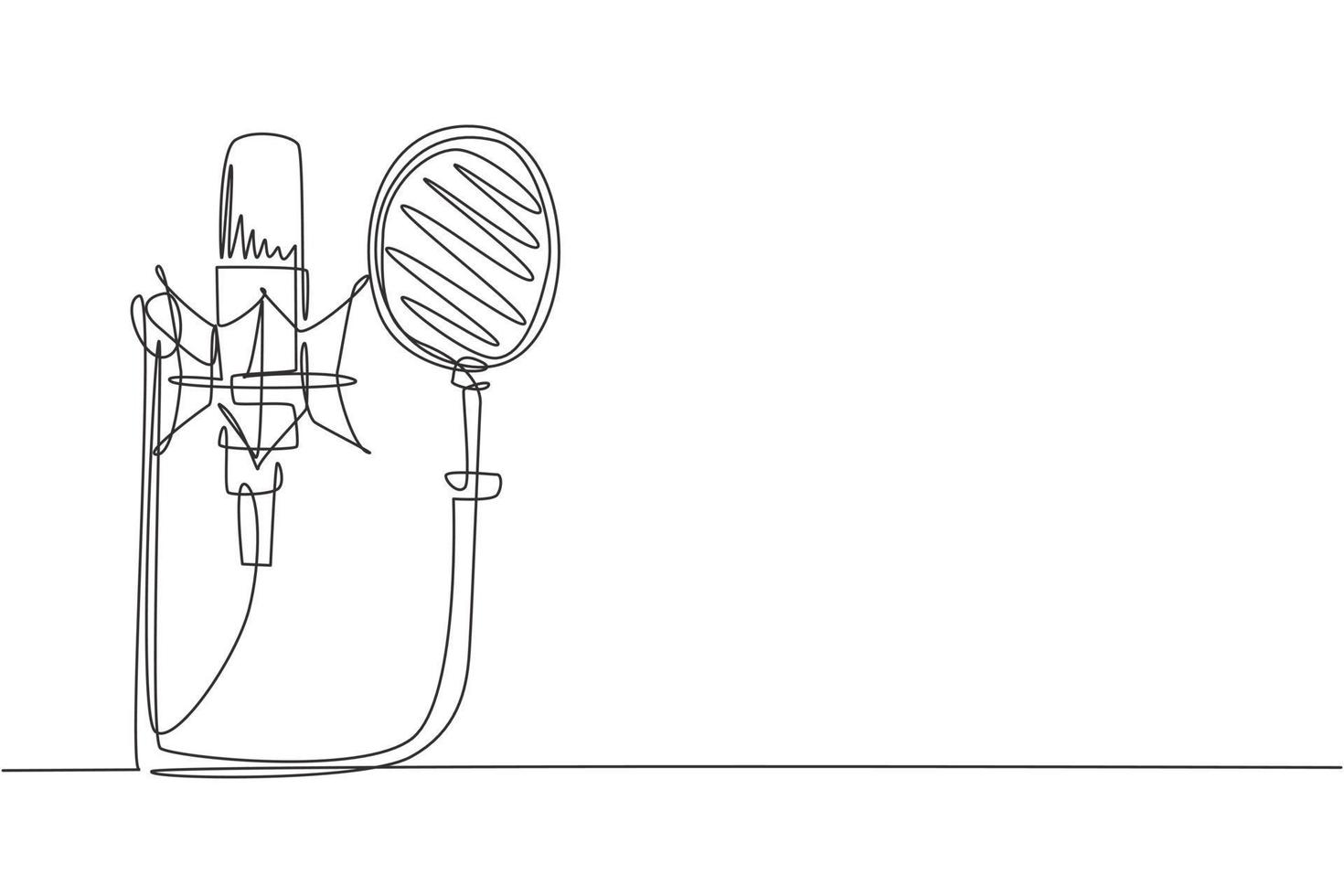 Single one line drawing technology object, sound recording equipment concept. Studio silver microphone and black pop shield on mic stand. Modern continuous line draw design graphic vector illustration