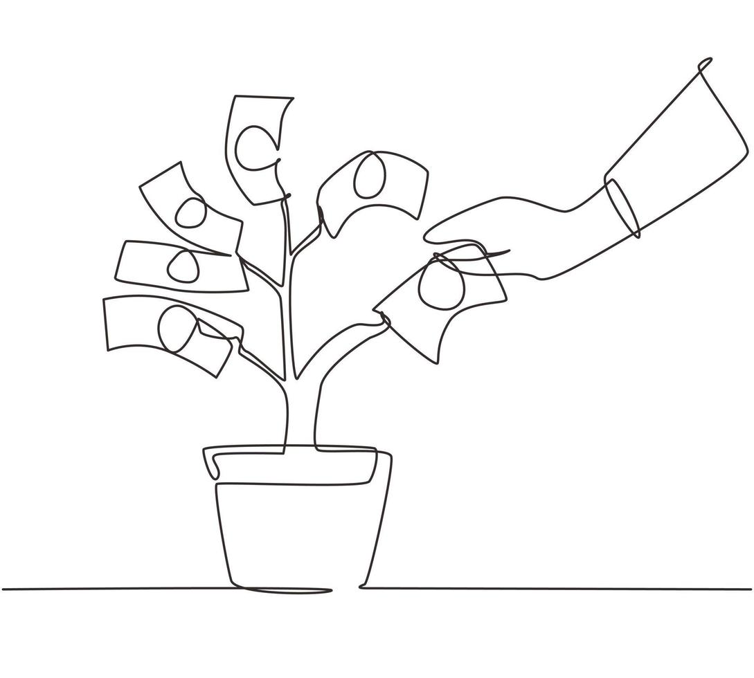 Single continuous line drawing hand pick up dollar banknote from money tree. Hand of businessman who pours money tree. Concept of earnings, success in work, money. Dynamic one line draw graphic design vector