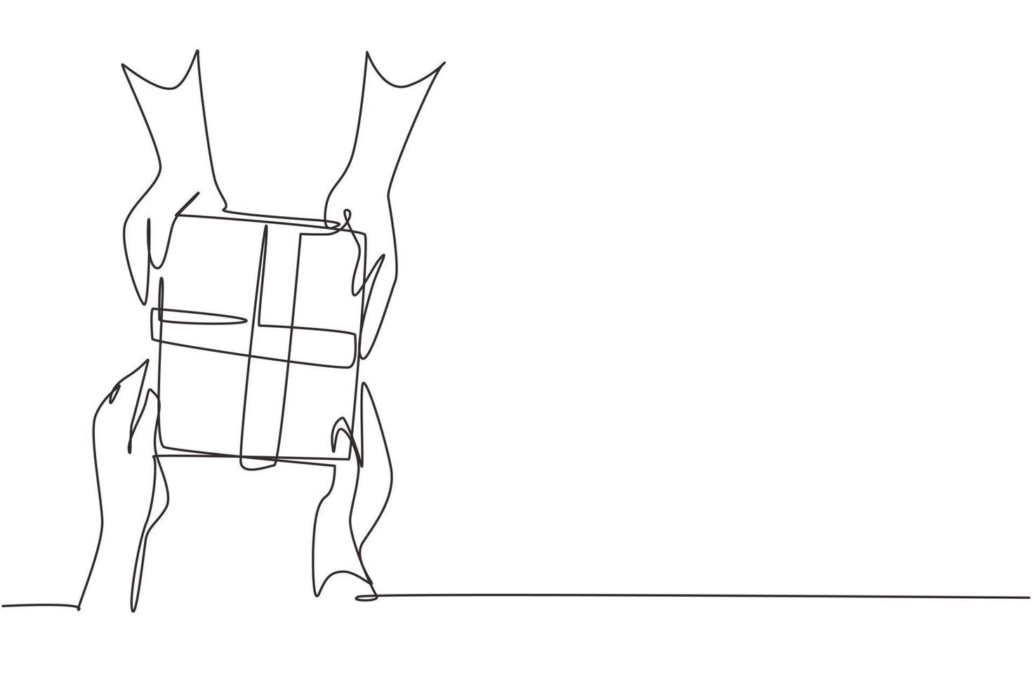 Single one line drawing gives gift box presents laid on wooden table. Romantic surprise. Birthday presents cardboard box with ribbon. Modern continuous line draw design graphic vector illustration