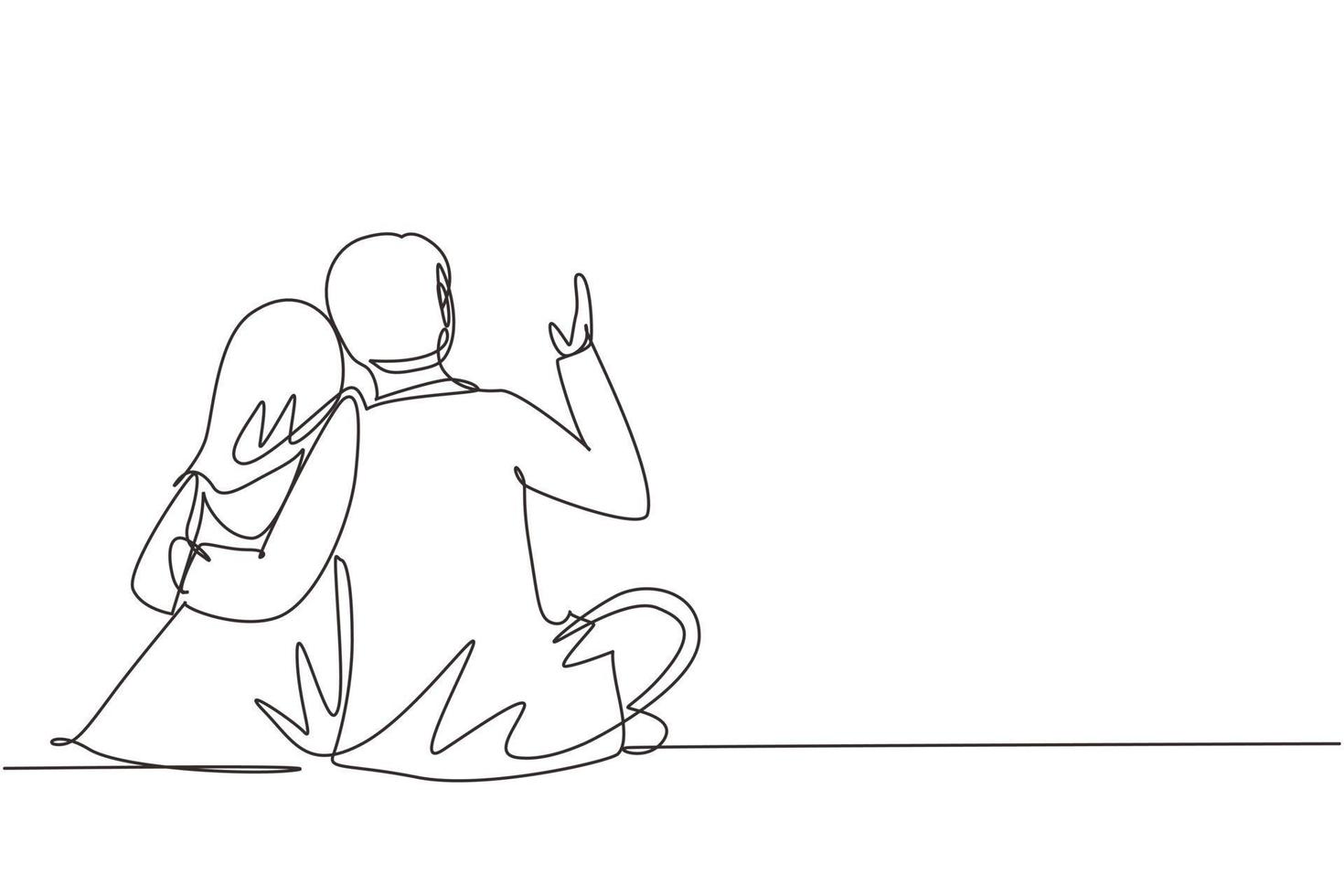 Single one line drawing people in love sit hugging and looking at moon and stars. Arabian man and woman enjoying romantic picturesque landscape together. Continuous line draw design graphic vector