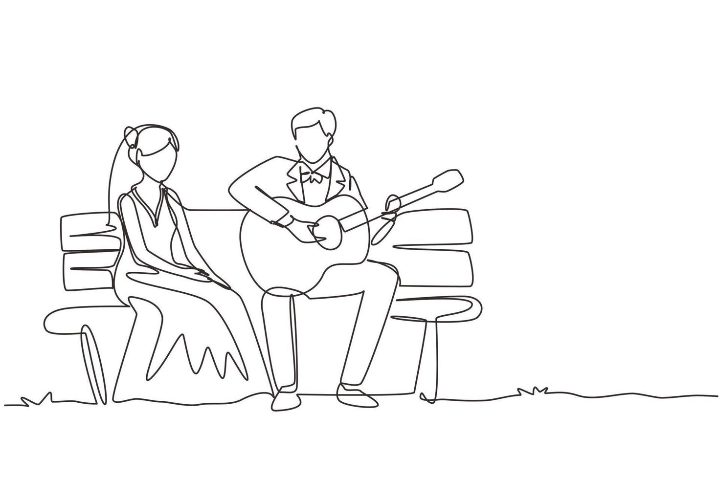 Single continuous line married couple sitting on wooden bench in park. Man playing music on guitar, girl listen and singing together at wedding party. One line draw graphic design vector illustration