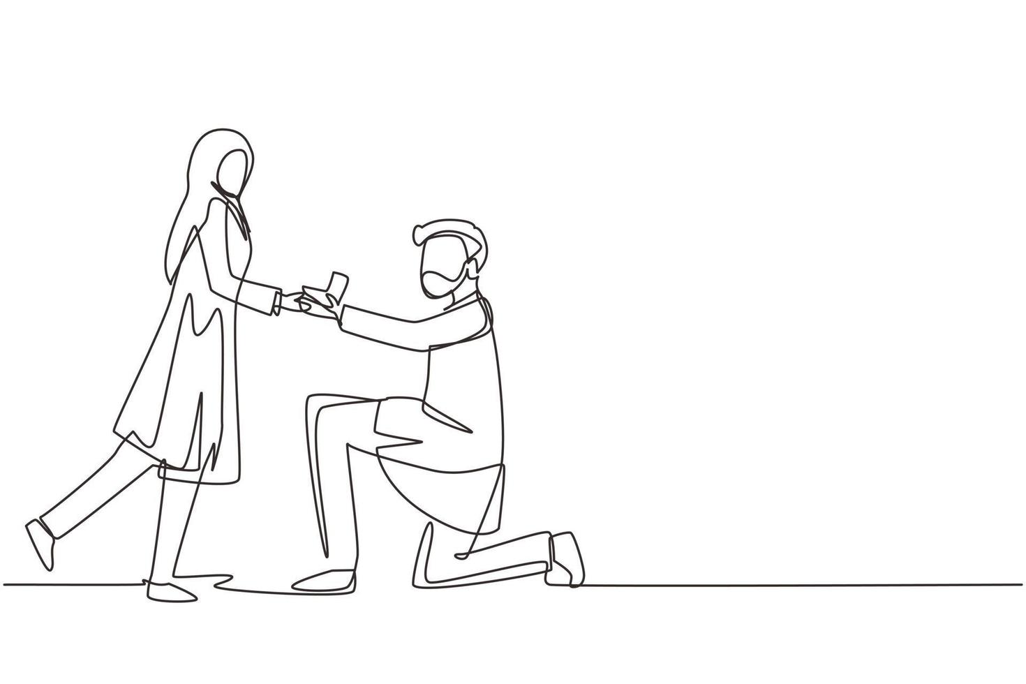 Single one line drawing Arab man kneeling offering engagement ring to ...