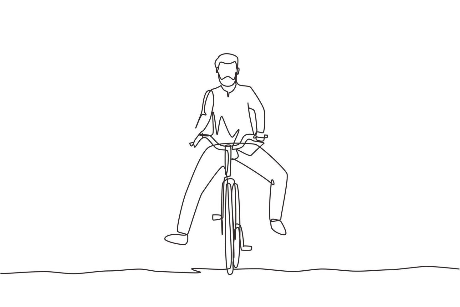 Single continuous line drawing happy Arabian man in casual clothes riding bicycle. Healthy and sport lifestyle. Ecological vehicle of transportation. One line draw graphic design vector illustration