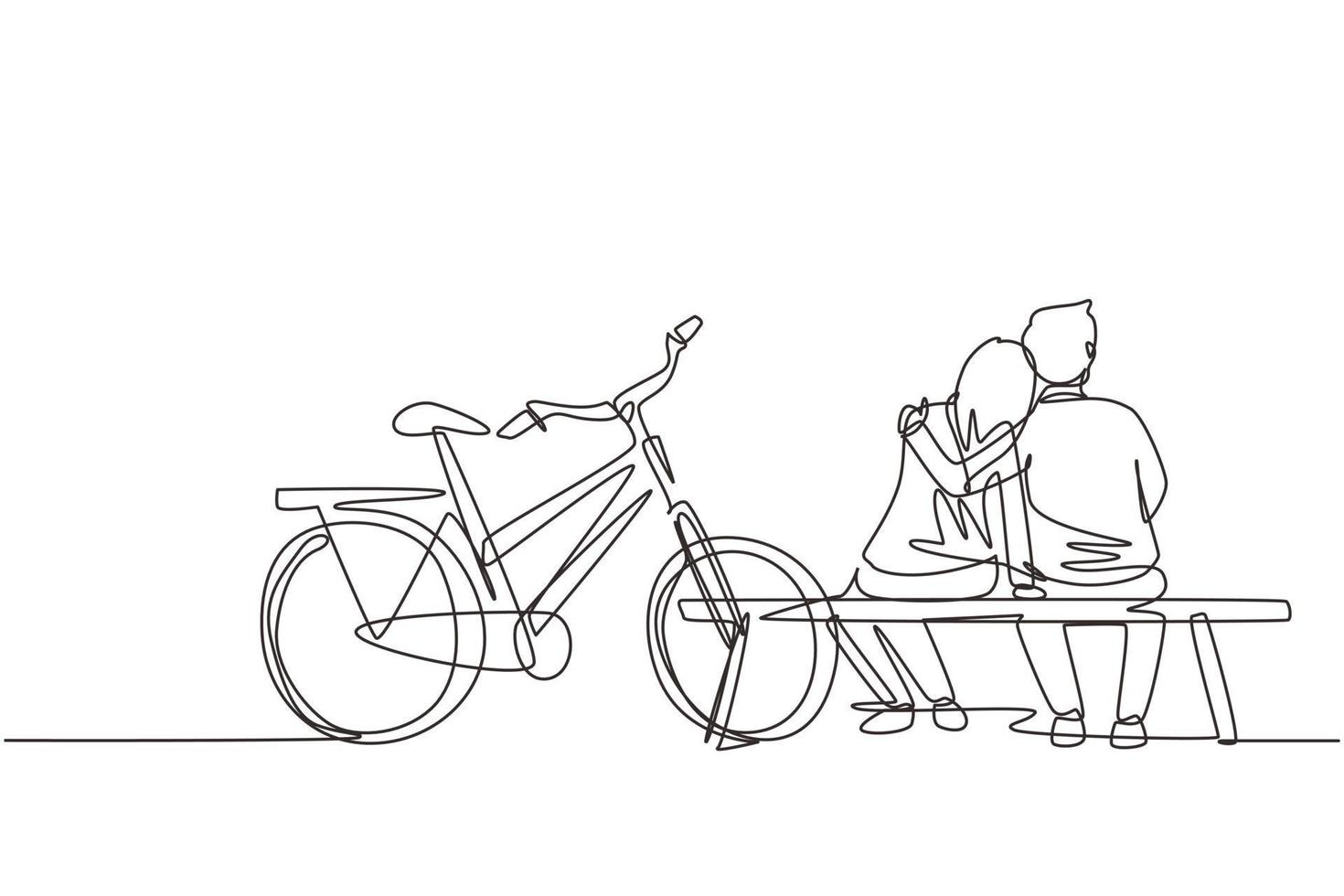 Single continuous line drawing romantic couple chatting while sitting on bench. Happy man woman riding an electric bike. Evening walk by the river. One line draw graphic design vector illustration