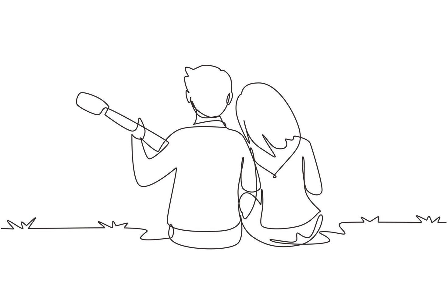 Single one line drawing Couple playing guitar on summer season. Hugging couple sitting at park with guitar. Romantic dating on outdoor nature. Continuous line draw design graphic vector illustration