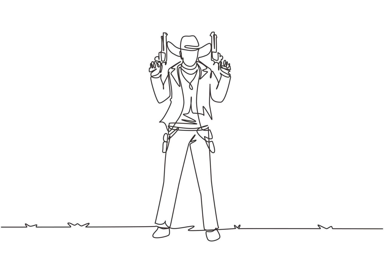 Single continuous line drawing American cowboys holding and raised his two guns up. Old wild west gunslinger holding two guns. Weapons for self-defense. Dynamic one line draw graphic design vector