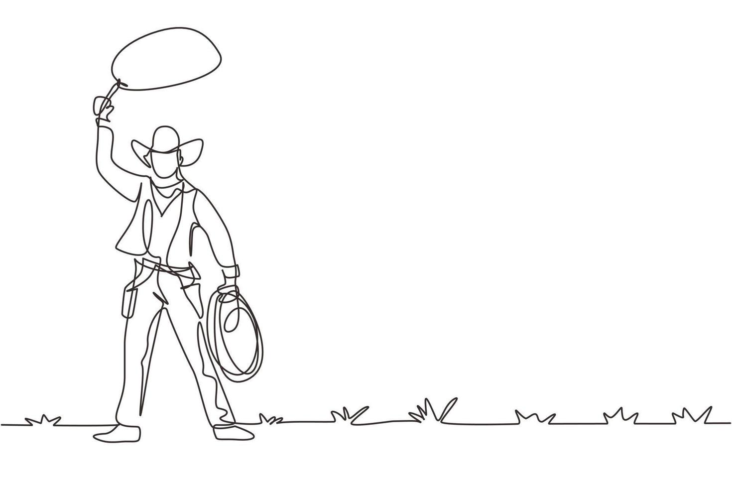 Single continuous line drawing western cowboy standing and throwing lasso and wild west elements. Man with cowboy hat and lasso at desert. Dynamic one line draw graphic design vector illustration