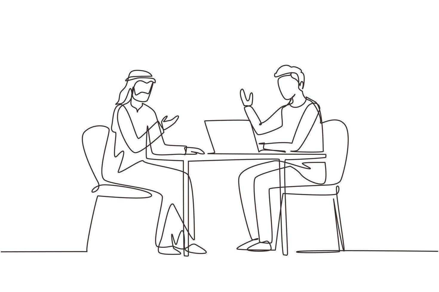Continuous one line drawing Arab male interviewing famous person in studio for tv show. Concept of television or internet broadcast with journalist talking to celebrity. Single line draw design vector