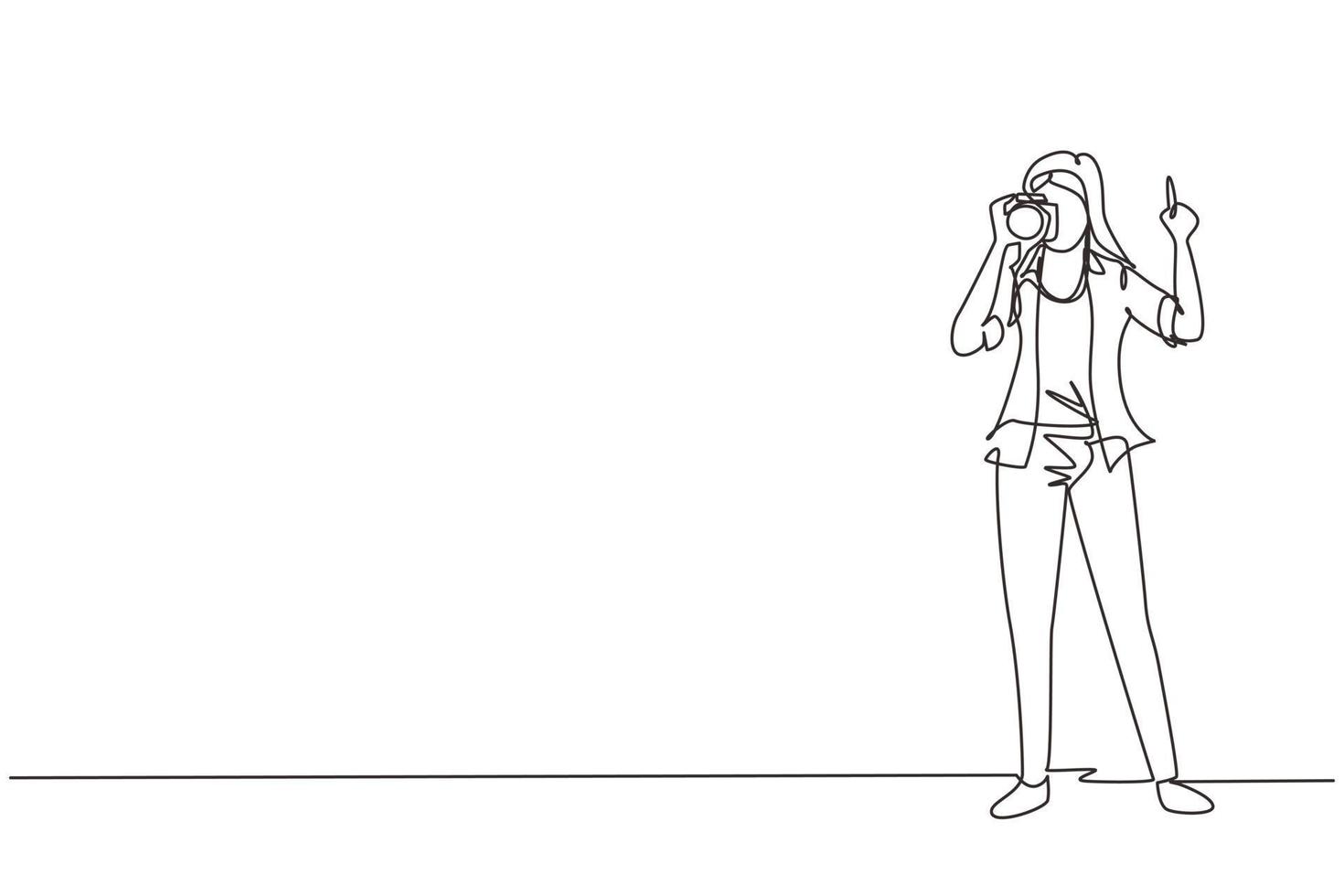 Continuous one line drawing woman photographer using professional camera in the studio. Female standing and giving count gesturing for taking pictures. Single line draw design vector illustration