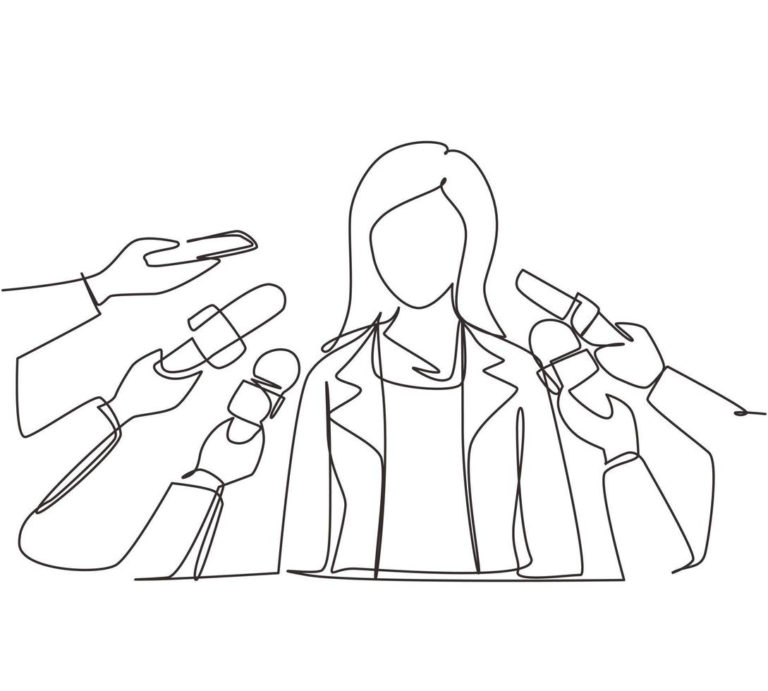 Single continuous line drawing woman giving an interview. Hands of journalists holds microphones. Concept of news, elections, interviews, comments, politics. One line draw design vector illustration